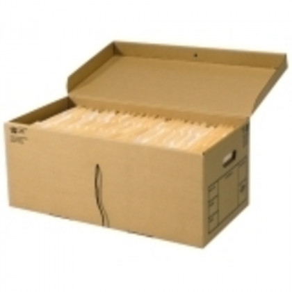 Cardboard box filled with folders of paper