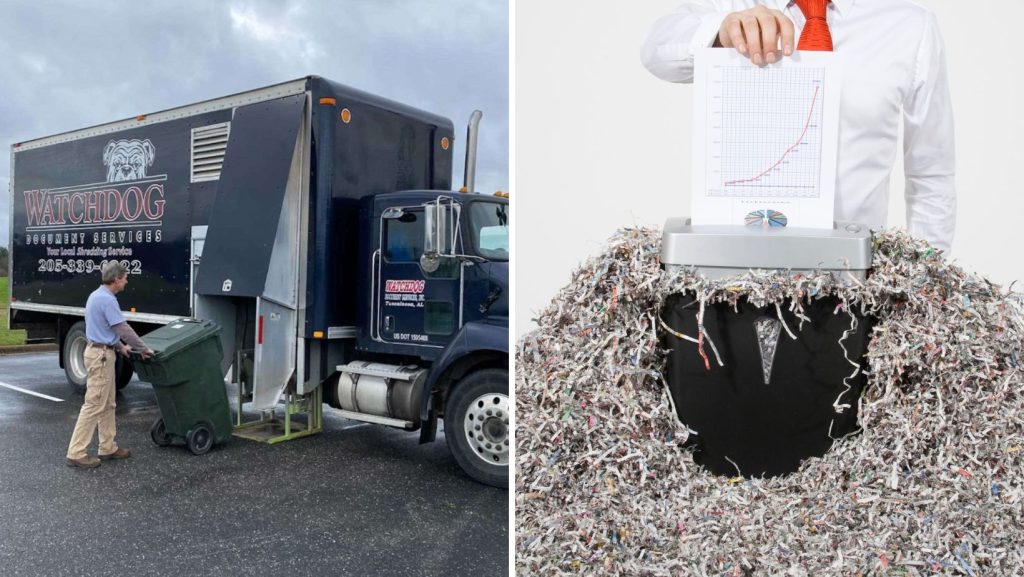 Half of photo is a shredding truck for Watchdog Shredding, the other half is a office shredder surrounded by shredded paper